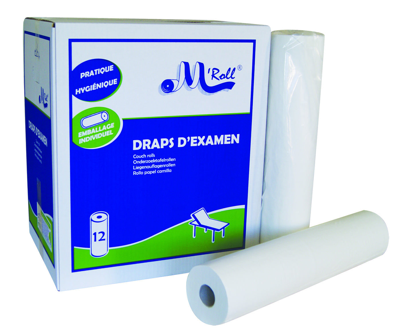 Drap d'examen ouaté lisse 50x35 cm M'Roll - Carton de 12 rouleaux