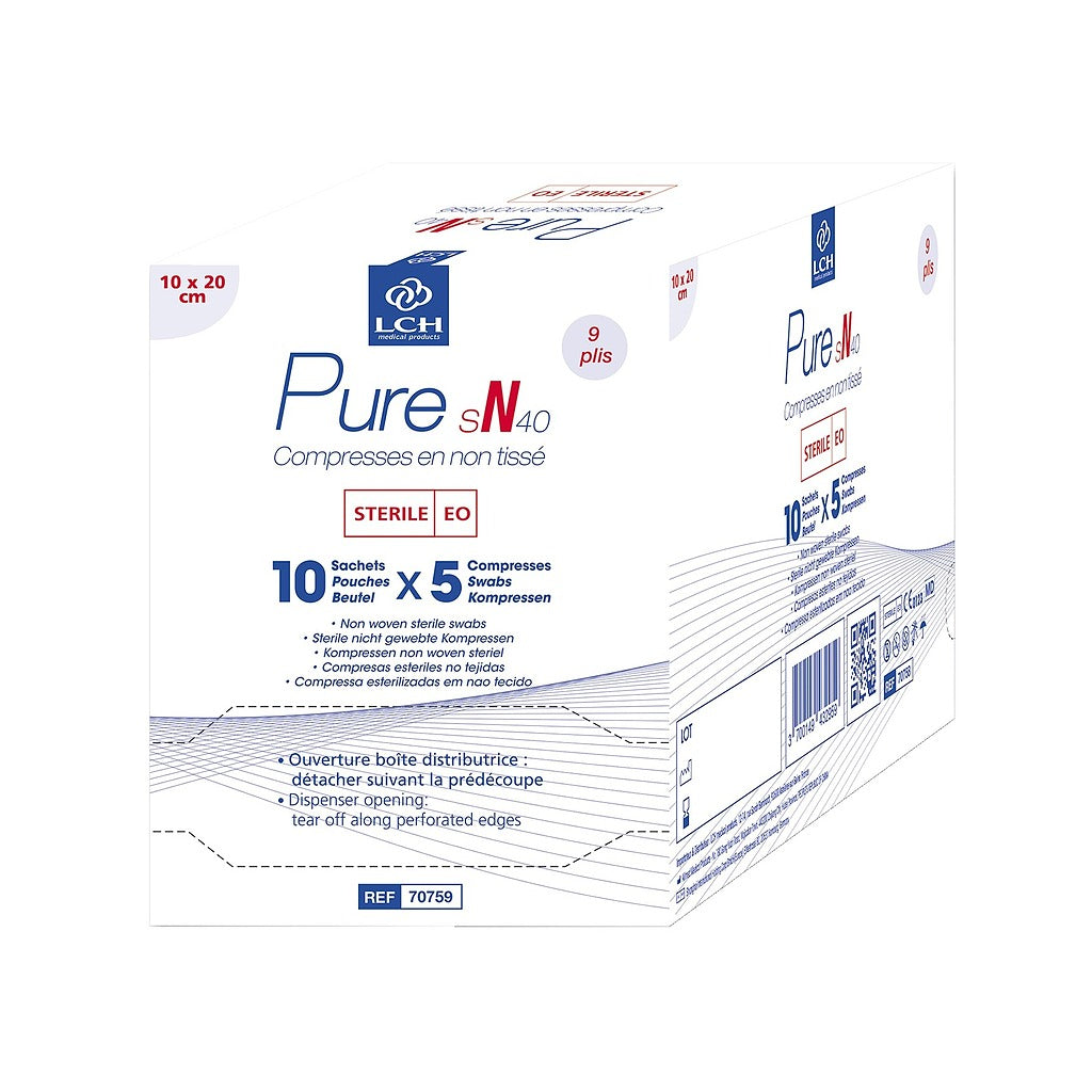 Compresses en non tissés stériles PURE sN40 - 10 sachets de 5 compresses